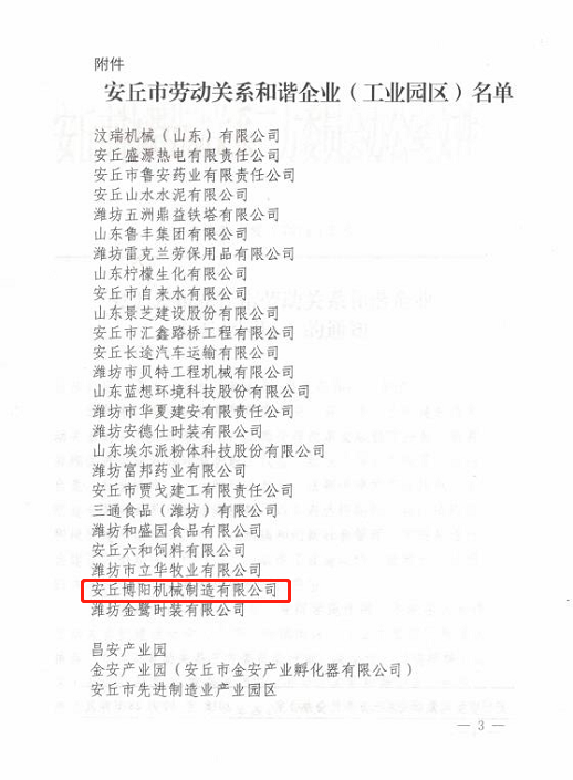 祝贺博阳机械被评为“安丘市劳动关系和谐企业”